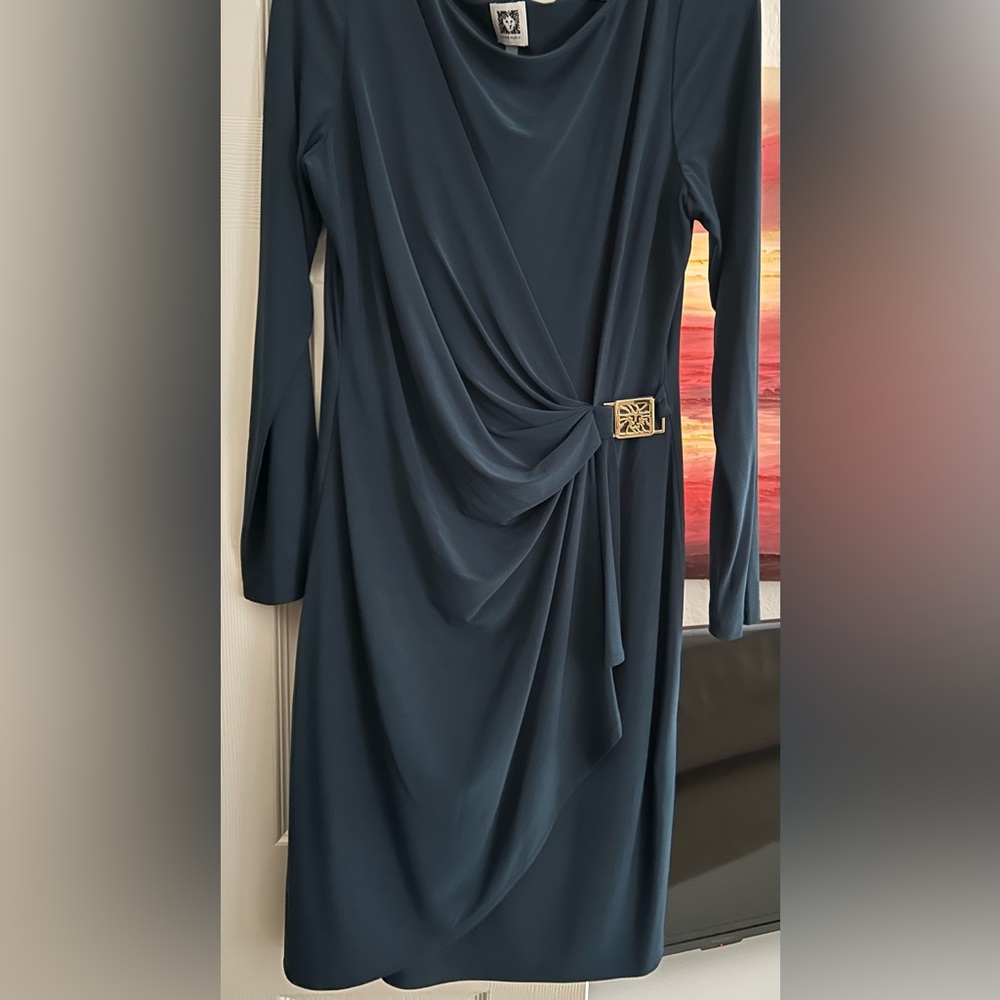 Anne Klein teal faux wrap midi dress